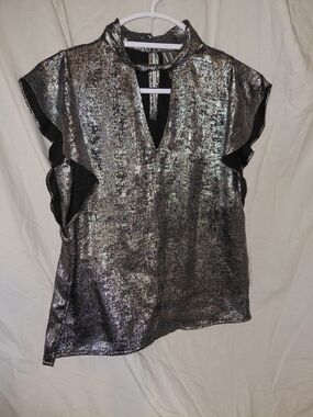 Metallic Silver Ruffle Sleeve V-Neck Women's Top